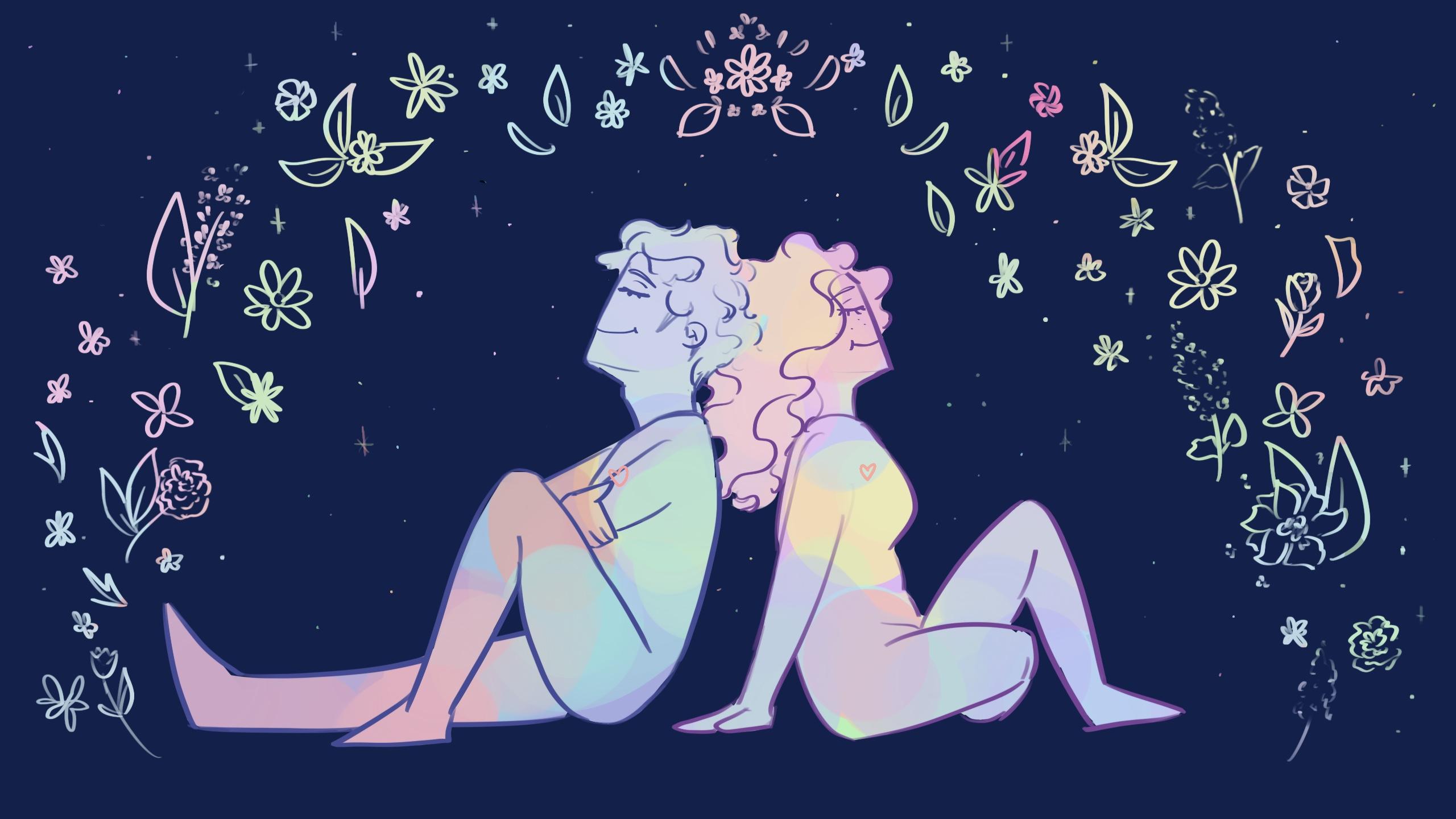 A photo of two people sitting with their backs to each other looking up in content. There are flowers creating an arch above them.
