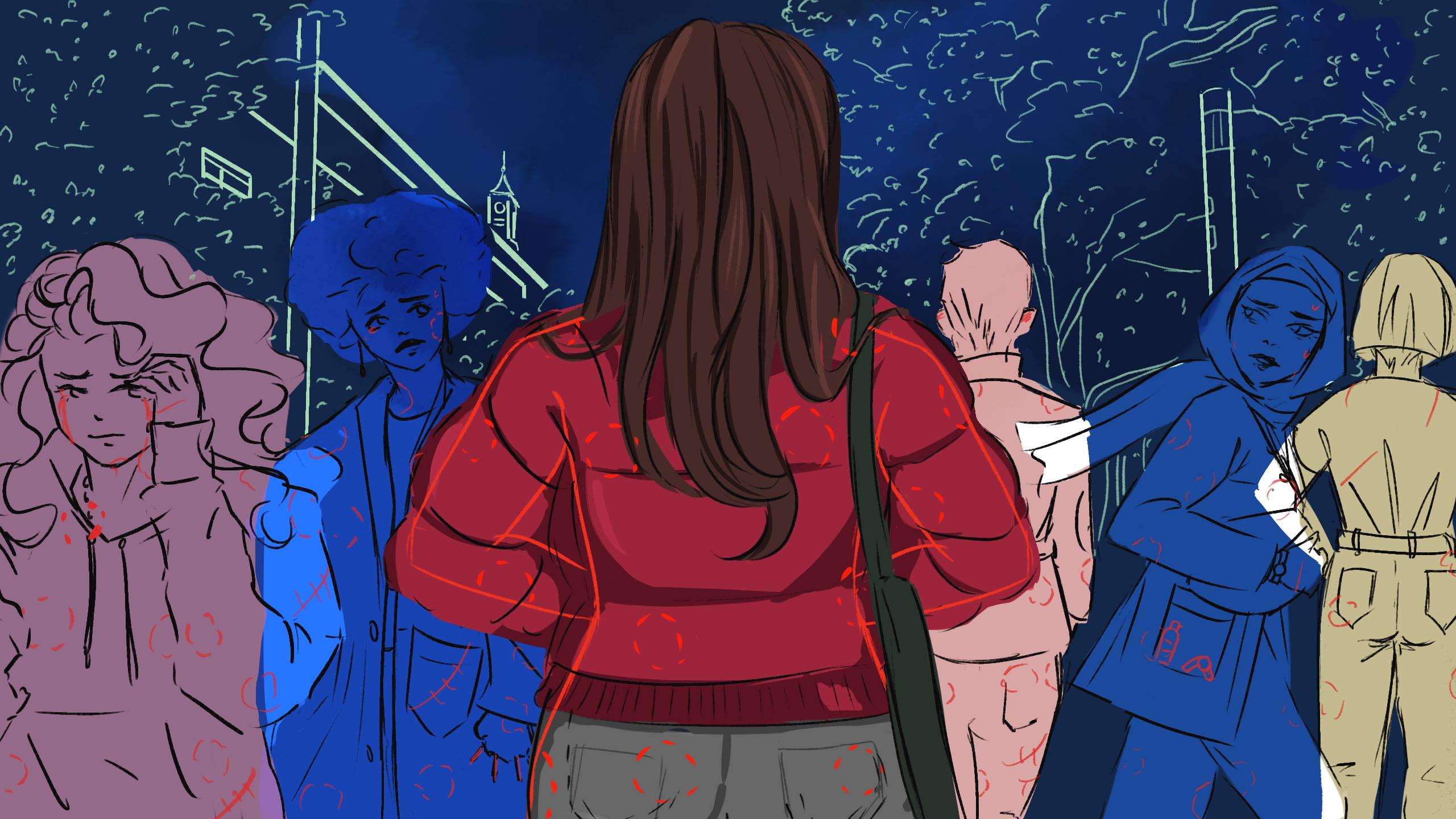 A girl wearing a red puffer jacket walking on campus as people are around her
