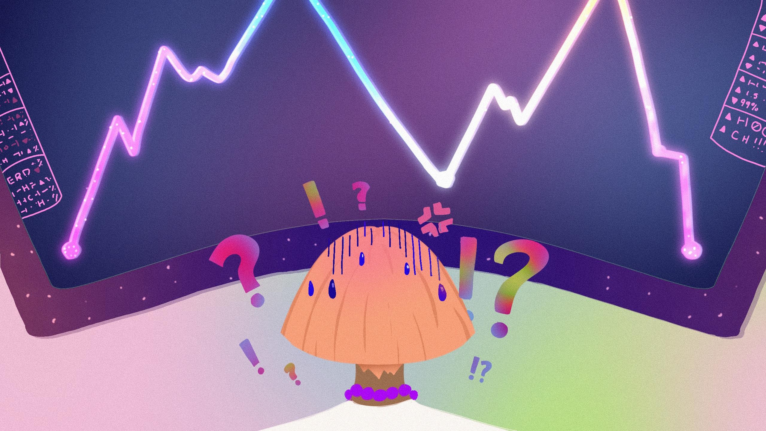 Student looking up, confused, at stock market board