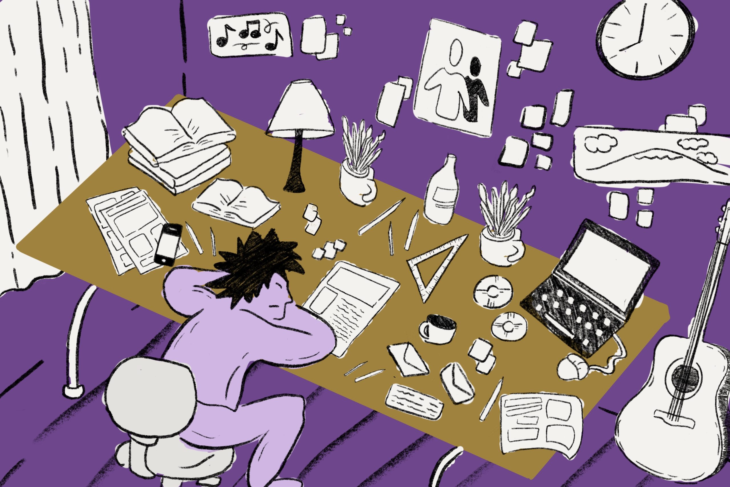An illustration of a tired student sitting at an overcrowded desk.